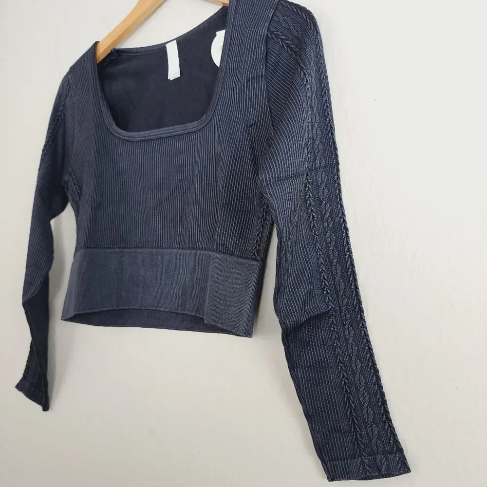 Aerie OFFLINE Sidewalk Seamless Ribbed Long Sleeve Crop Top Black XL NWT Stretch - Picture 6 of 7